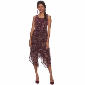 ELLE Dress Polka Dot Asymmetrical Chiffon Sleeveless Scoop Neck Wine Medium